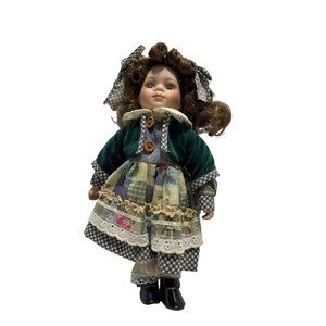 11 inch Porcelain Collectors Doll Teddy Bear Print Dress with Jacket